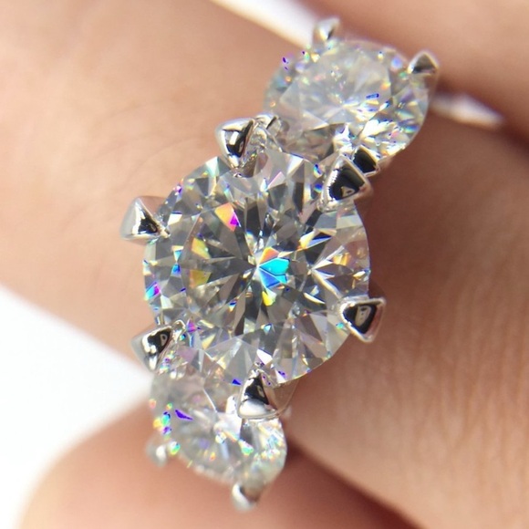 Moissanite Sterling Ring Triple 3 Stone 5 TOTAL CTW 2 CT center stone sz US 8.5 - Picture 9 of 17